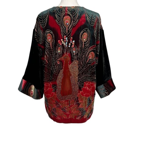 Ania A. Silk Blend Velvet Beaded Sequins Floral Peacock Artsy Kimono Cardigan S - Picture 6 of 16